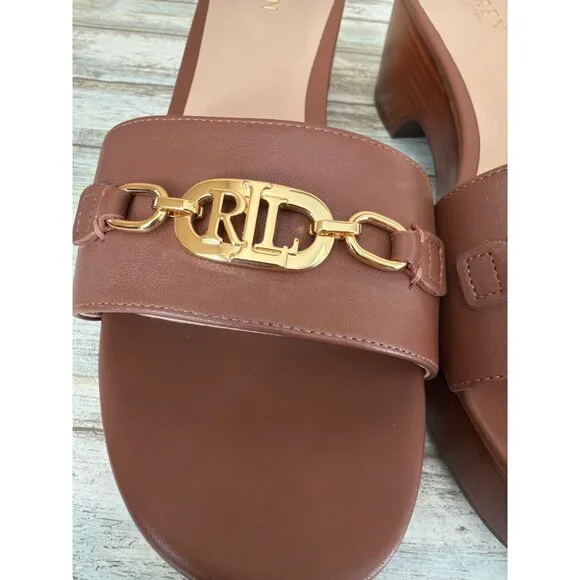 Lauren Ralph Lauren Roxanne Slide Sandals Polo Tan Leather Heel Size 11 NEW - Picture 4 of 15